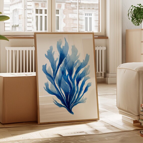 Blue Seaweed Watercolor Abstract Coastal Navy Ocean Art Poster