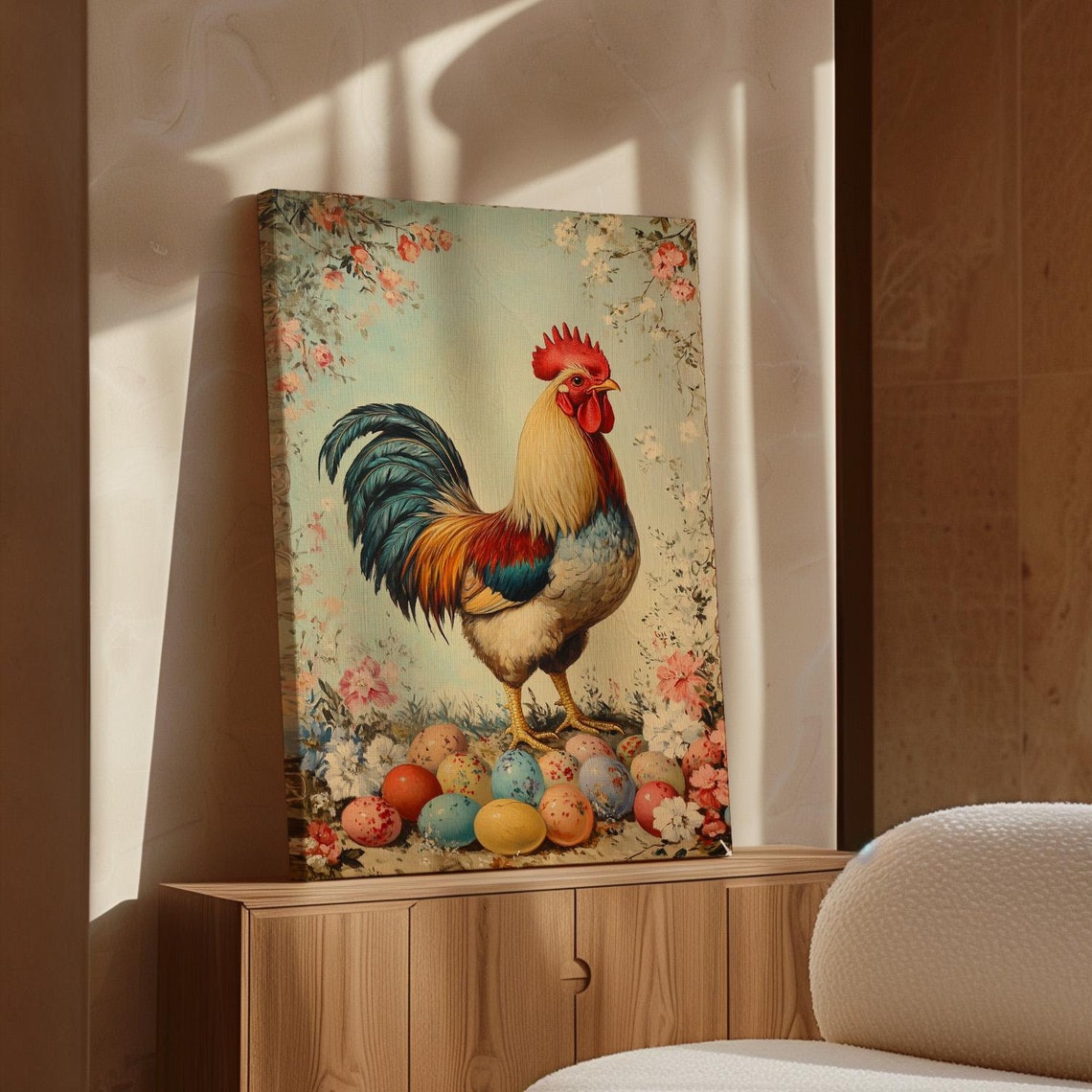 Rustic Rooster Standing Proudly Among Painted Easter Eggs Poster