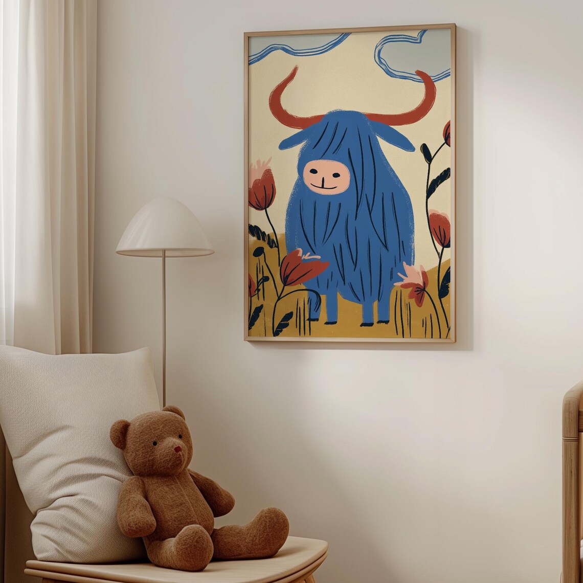 Highland Cow Cottagecore Illustration, Art Print