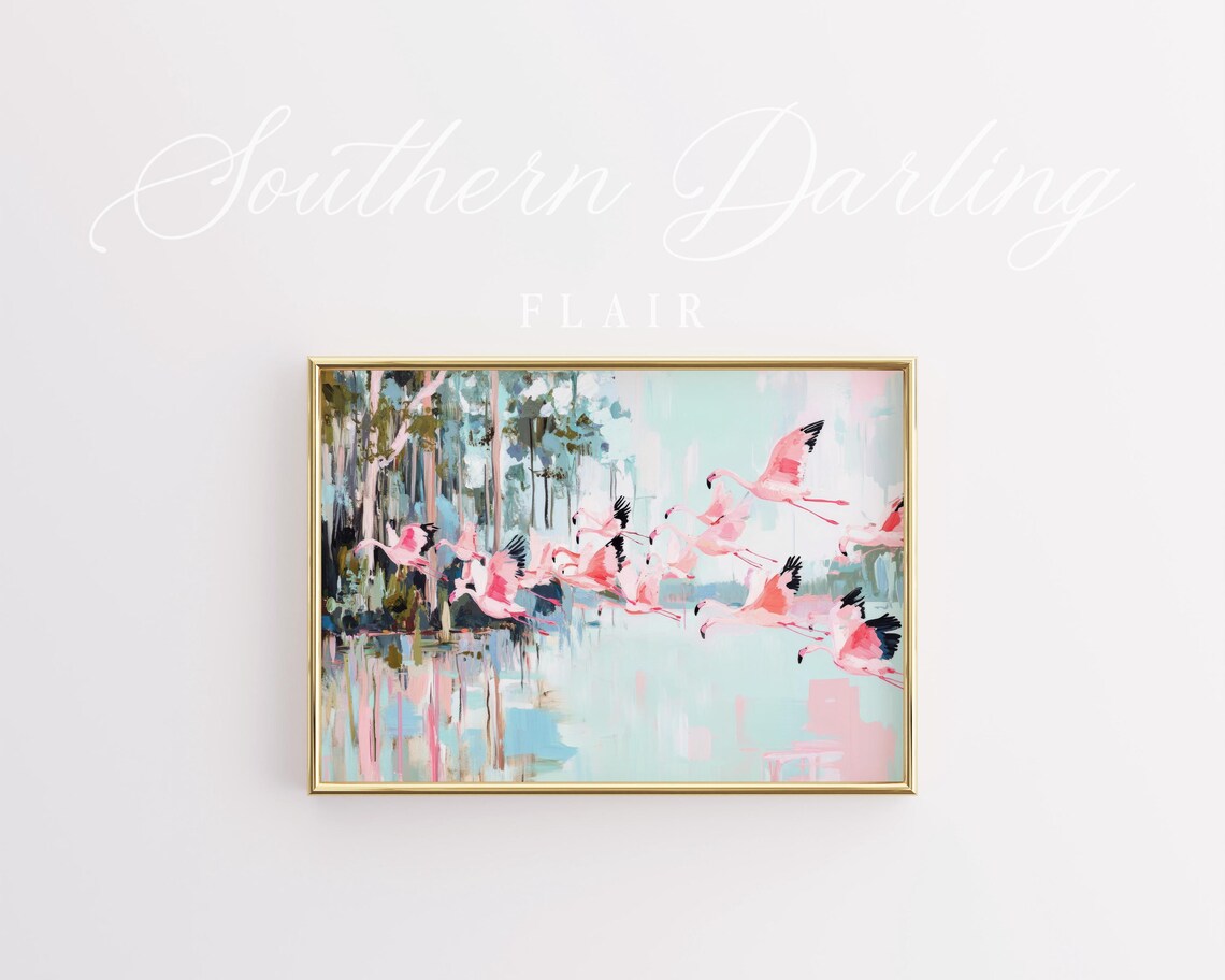 Flamingos Flying Over Water, Grandmillenial Art Print - Image 3