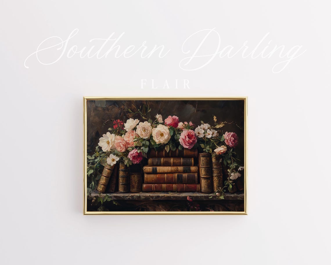 Old Books On Shelf With Trailing Roses Dark Floral Still Life Poster - Image 4