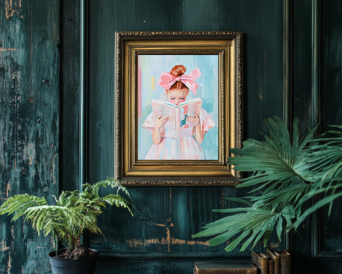 Redhead Girl Reading Book With Big Pink Bow Nursery Art Poster - Image 2