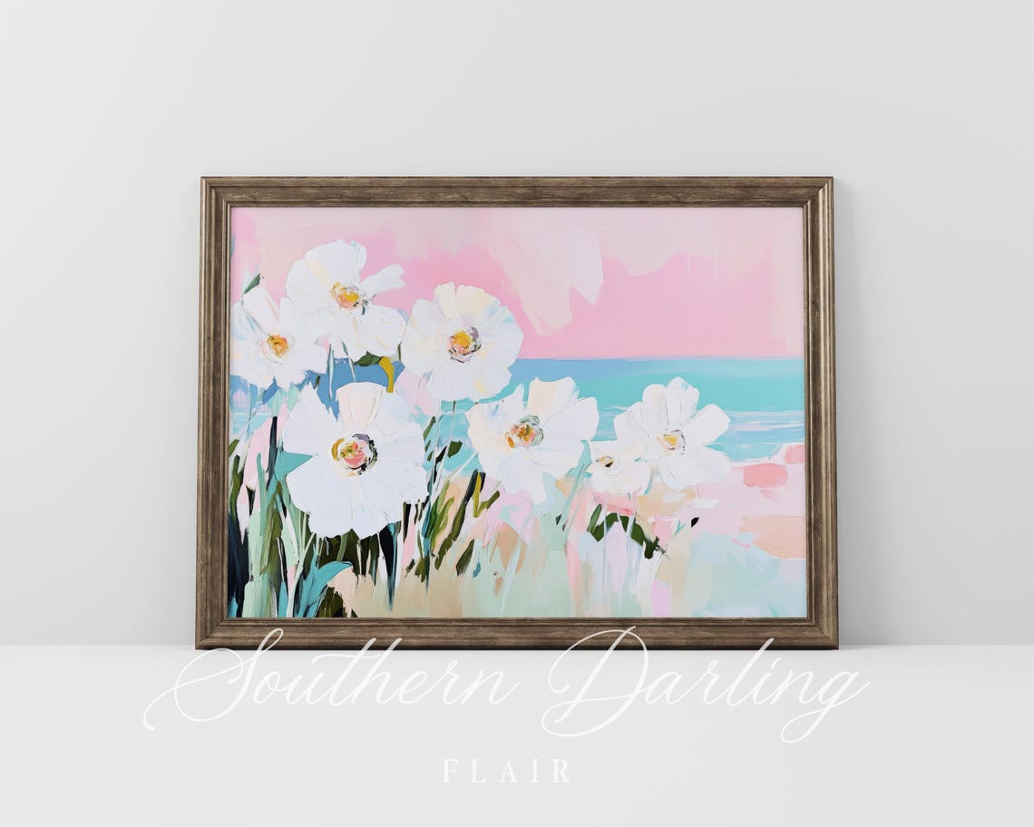 White Wildflowers By The Ocean Pink Sky Coastal Floral Art Poster - Image 4