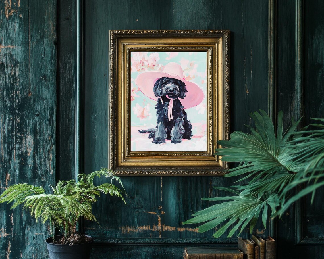 Black Goldendoodle In Pink Sun Hat Pastel Dog Portrait Art Poster - Image 3