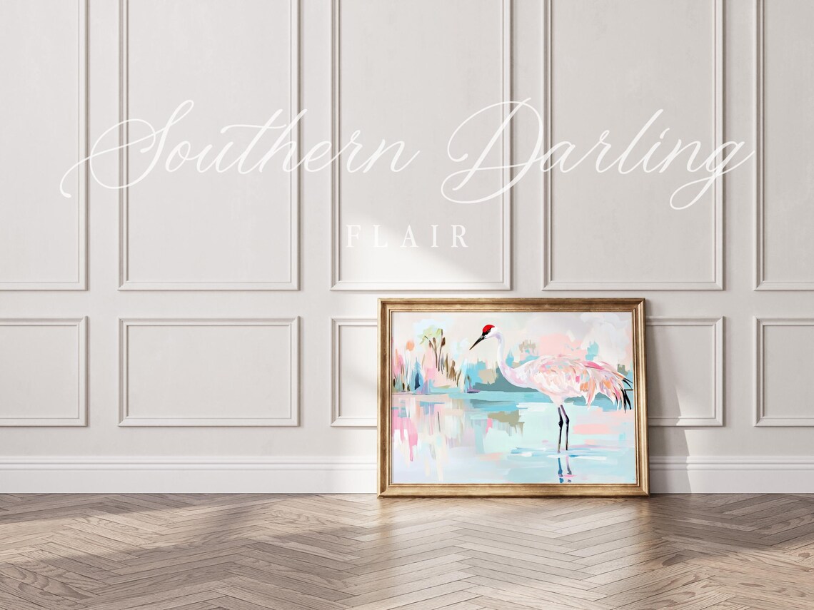 Sandhill Crane Wading In Pastel Pink And Teal Wetland Art Poster - Image 4
