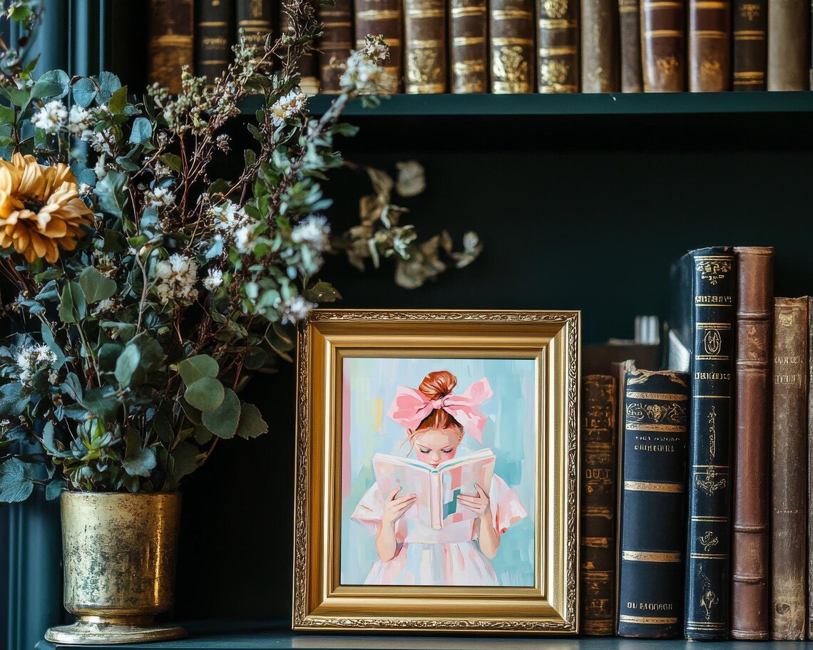 Redhead Girl Reading Book With Big Pink Bow Nursery Art Poster - Image 3