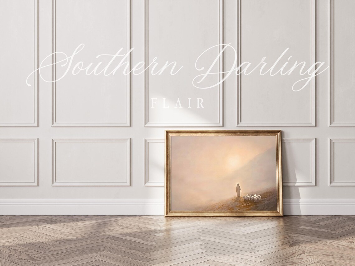 Jesus The Good Shepherd With His Flock On A Misty Golden Sunrise Poster - Image 4