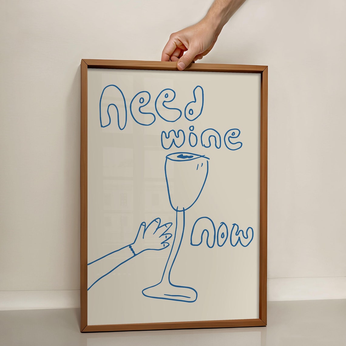 Need Wine Now Blue Line Art Wine Glass Fun Kitchen Bar Cart Poster