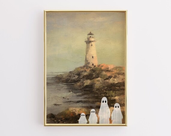 Ghost Friends Lighthouse Rocky Coast Vintage Halloween Wall Art
