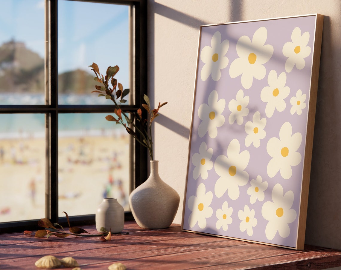 White Daisies Lilac Background Abstract Boho Floral Wall Poster - Image 3