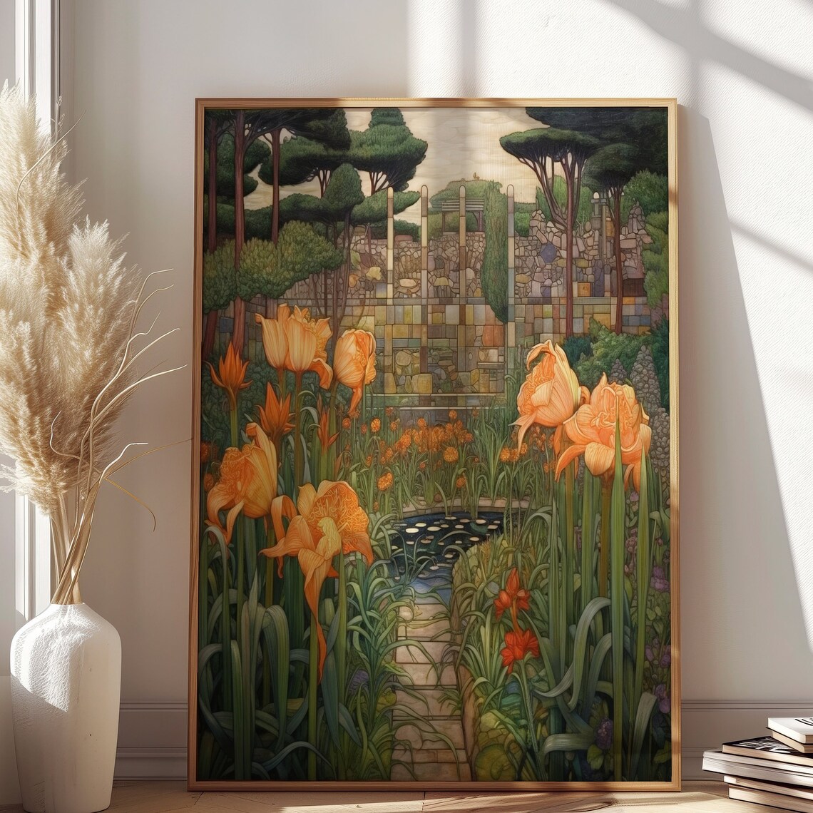 Art Deco Garden Orange Lilies Pond Mosaic Flower Garden Wall Art