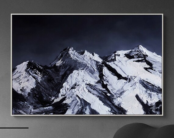 Snow Mountain Painting On Black Landscape Painting Abstract Textured Snow Mountain Painting Snow Mountain Art Under The Dark Night