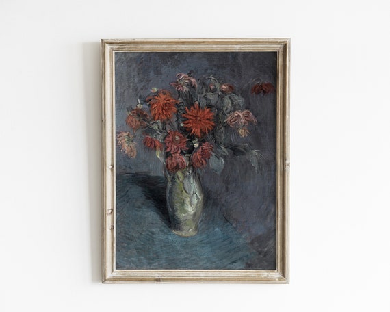 Moody Floral Still Life Oil Painting Vintage Neutral Botanical Wall Art Rustic Flower Vase Wall Decor Floral Wall Art