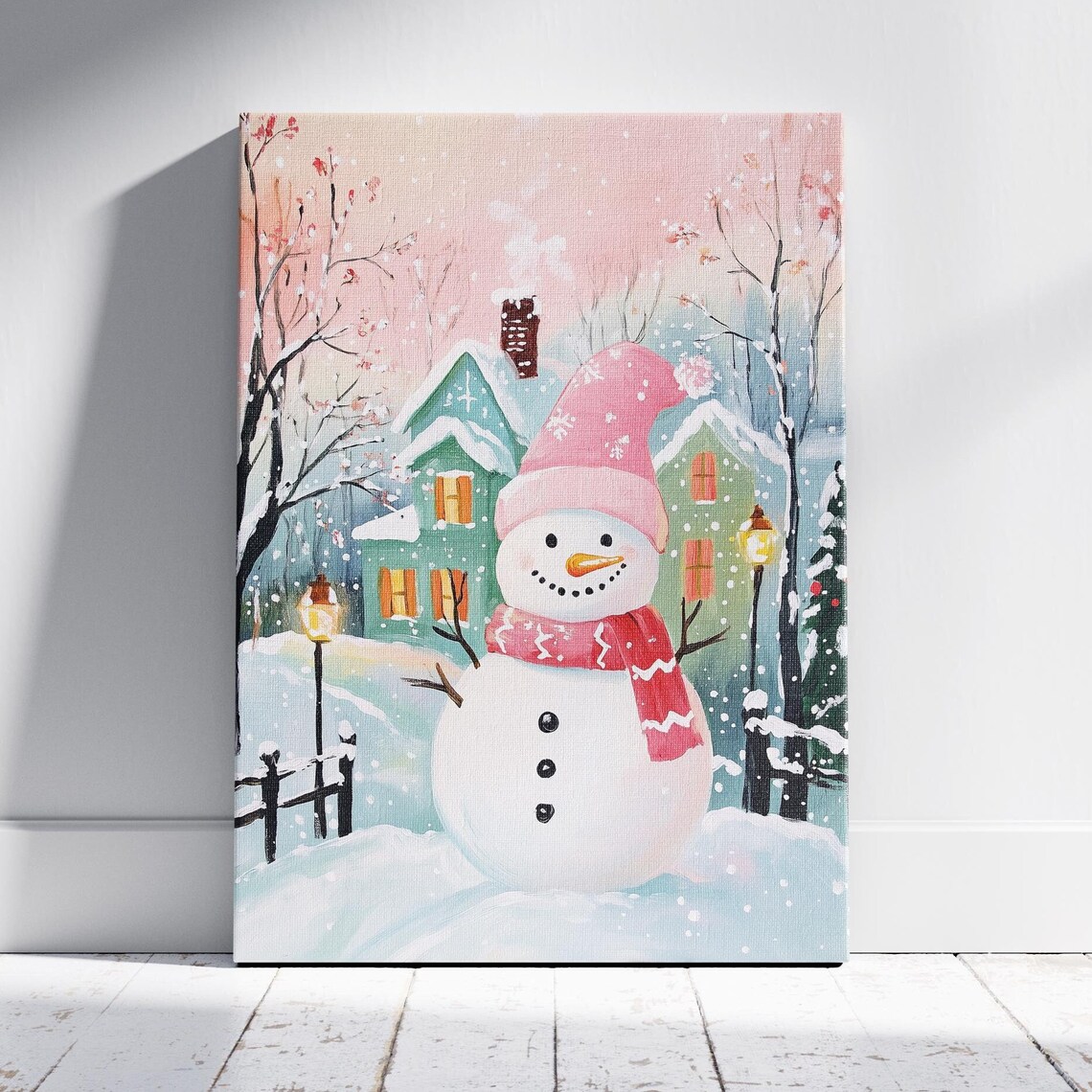 Smiling Snowman In Pink Hat And Red Scarf In Snowy Village Poster