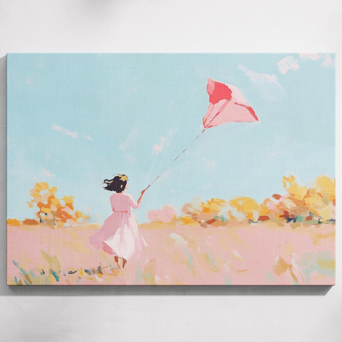 Girl Flying Red Kite In Autumn Field Pastel Painting Whimsical Art Poster