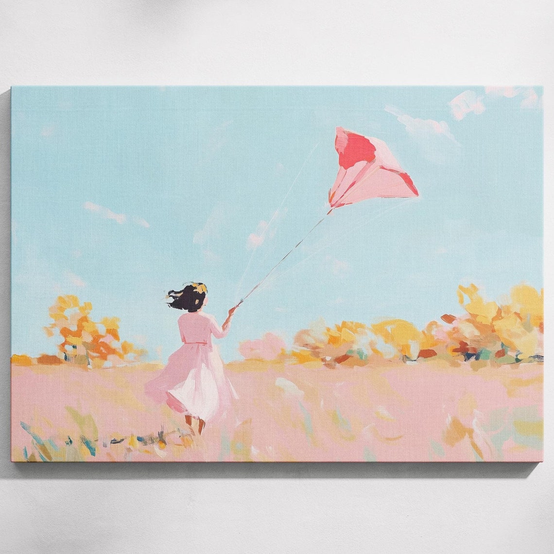 Soft Pastel Girl With Red Kite Red Kite Painting Girl Chasing Kite Child With Kite Autumn Field Art Soft Pastel Painting Colorful Sky