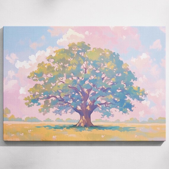 Lone Oak Tree Golden Field Sunset Pink Clouds Pastoral Art Poster