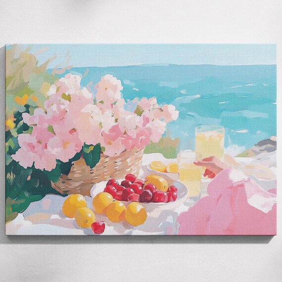 Seaside Picnic Hydrangeas Lemons Turquoise Ocean View Wall Art Print