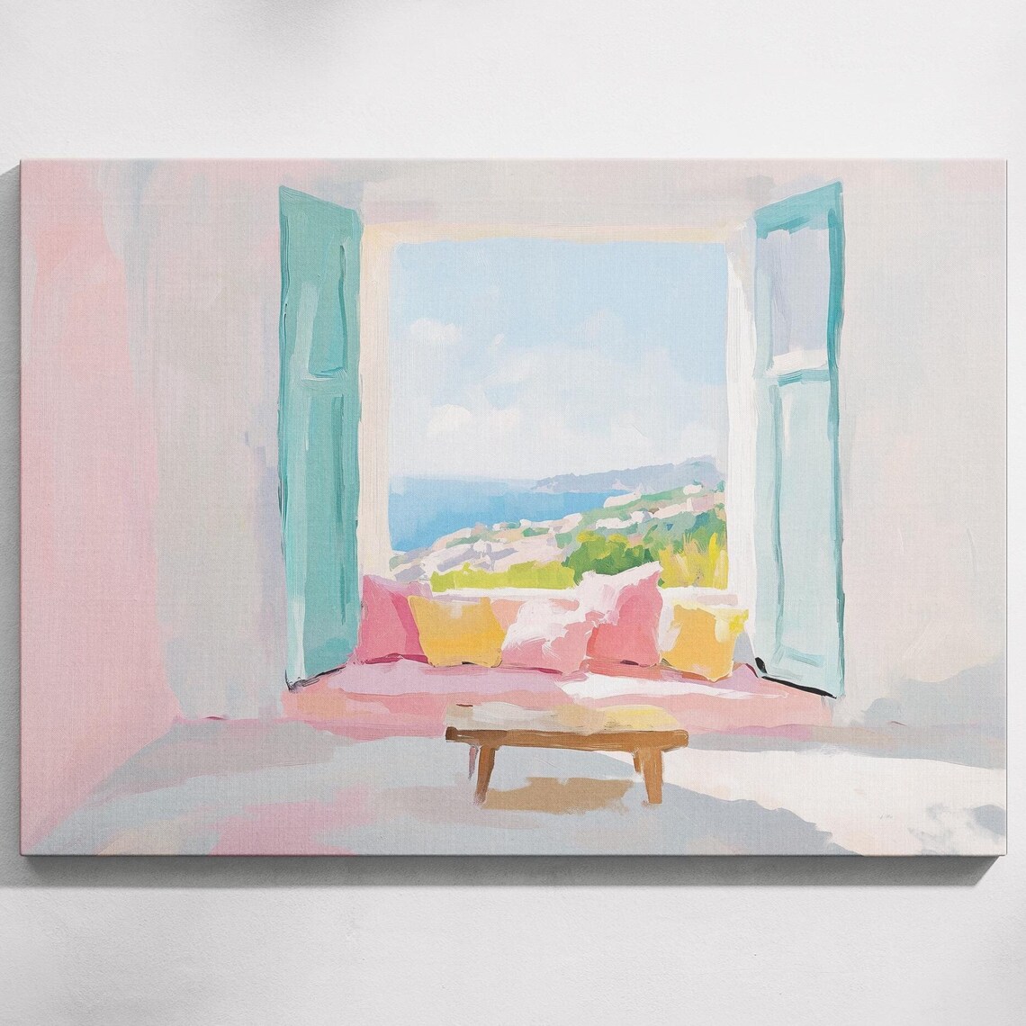 Mediterranean Window With Teal Shutters Overlooking Ocean Coast Pastel Poster