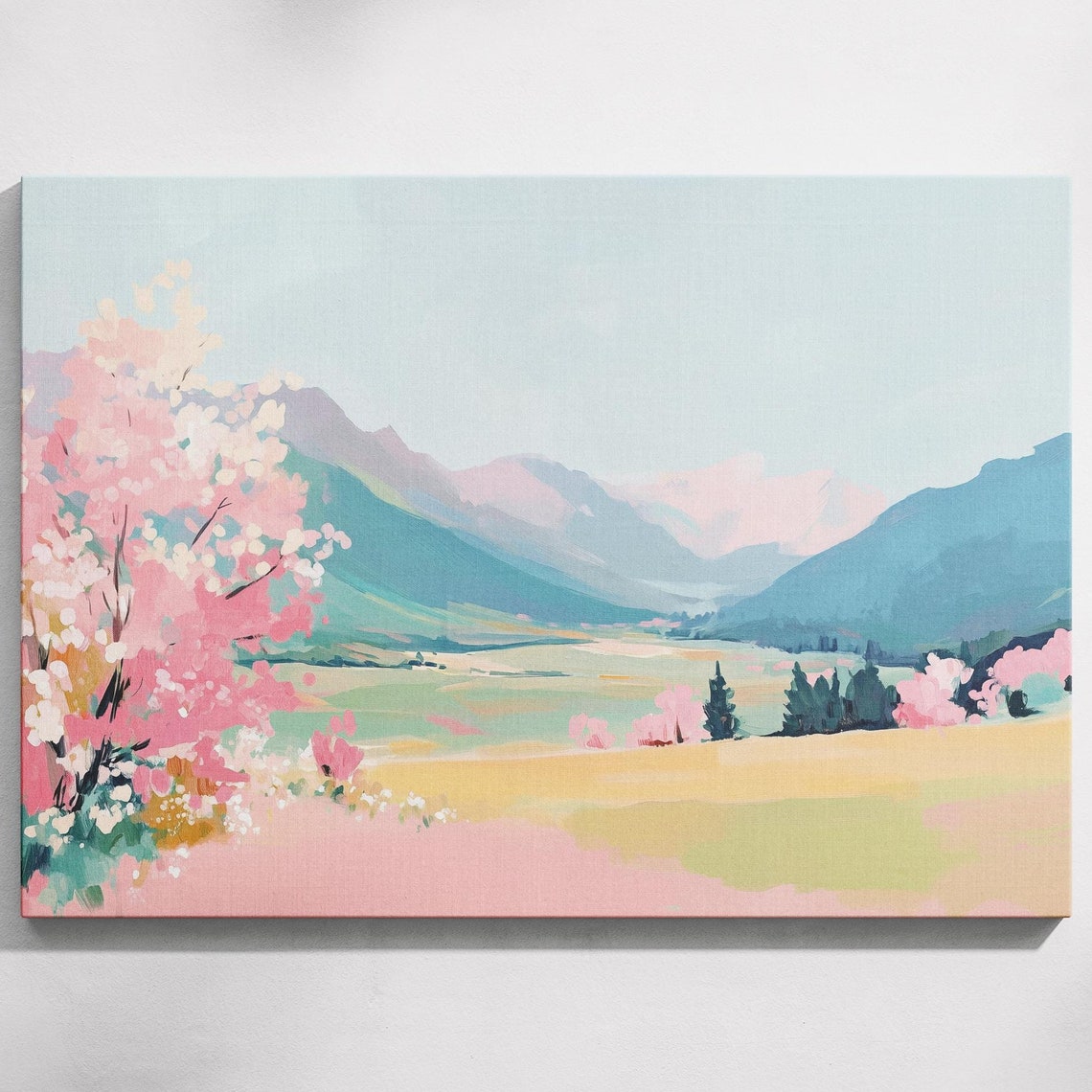 Spring Mountain Valley With Pink Blossom Trees Pastel Landscape Poster