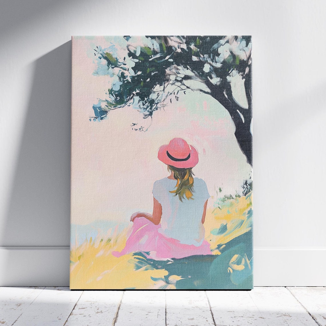 Woman in Pink Hat Resting Under Tree Pastel Solitude Art Poster