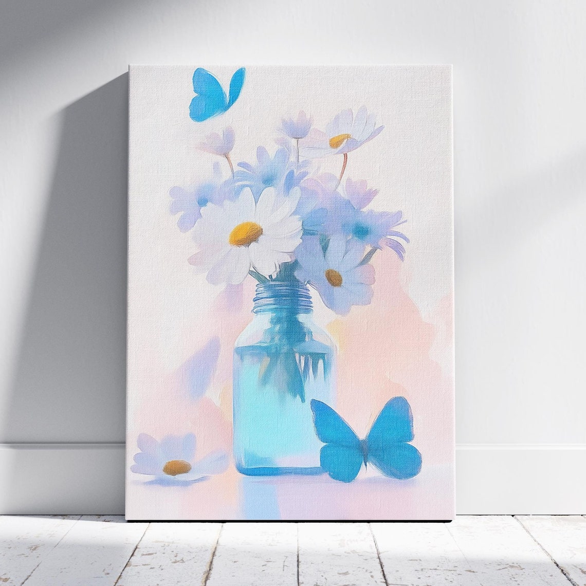 White Daisies In Blue Bottle Vase Blue Butterflies Pastel Print