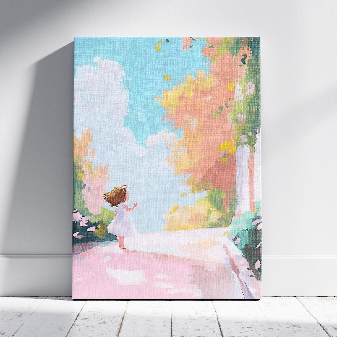 Pastel Nursery Girl Walking Flower Garden Path Daydream Art Poster