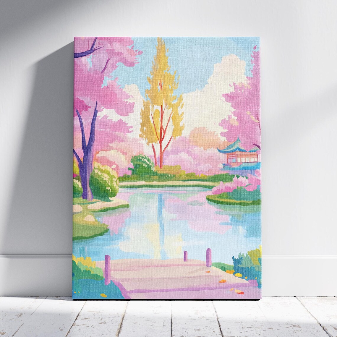 Colorful Lakeside Garden with Pagoda Cherry Blossom Pond Art Poster Print