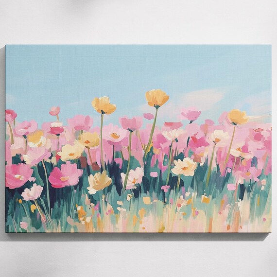 Wild Poppies Field Pink Yellow Blossoms Blue Sky Pastel Painting Poster