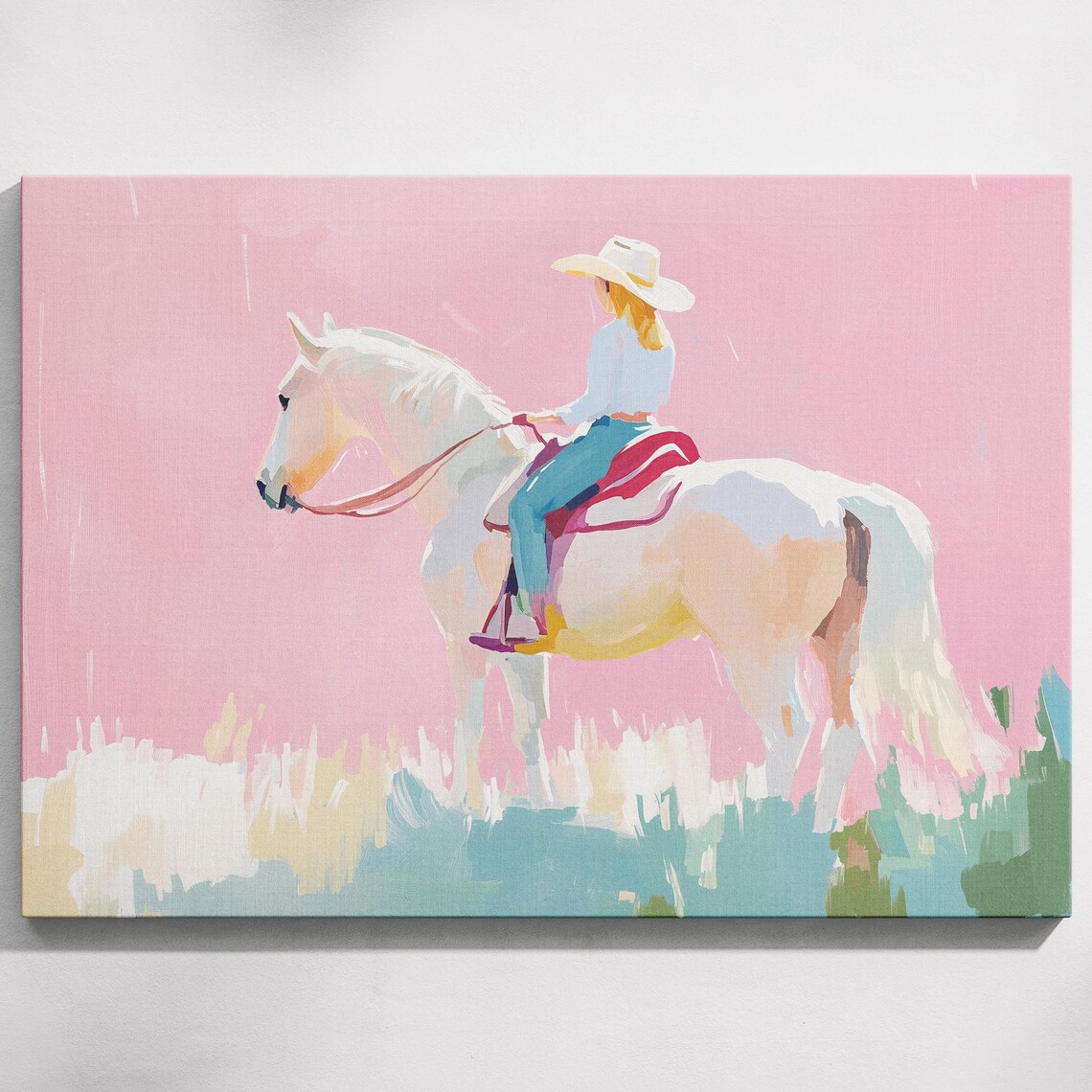 Cowgirl Riding White Horse Pink Pastel Western Equestrian Art Poster