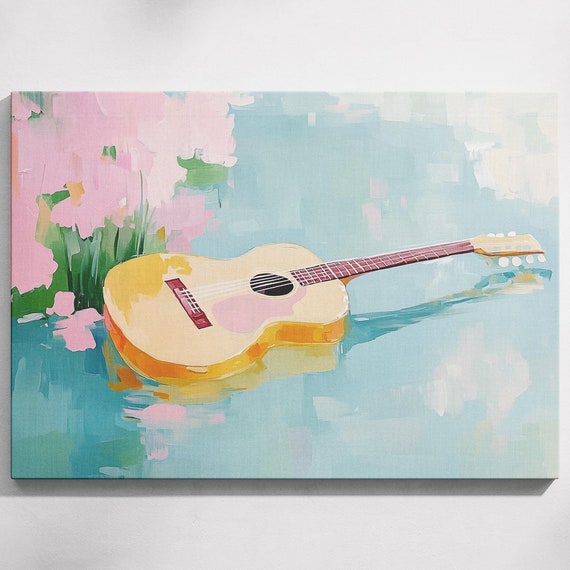Pastel Golden Guitar On Water Nature Music Art Floating Guitar Wall Art Serene Pond Painting Colorful Guitar Art Unique Guitar Gift