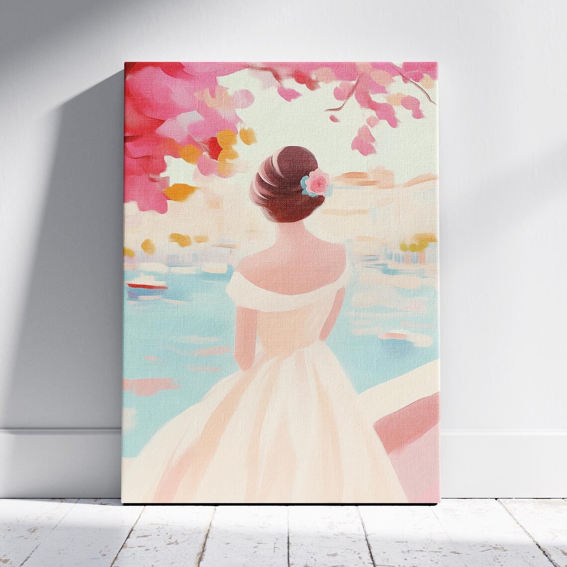 Woman Overlooking Harbor at Dusk Romantic Coastal Art Poster