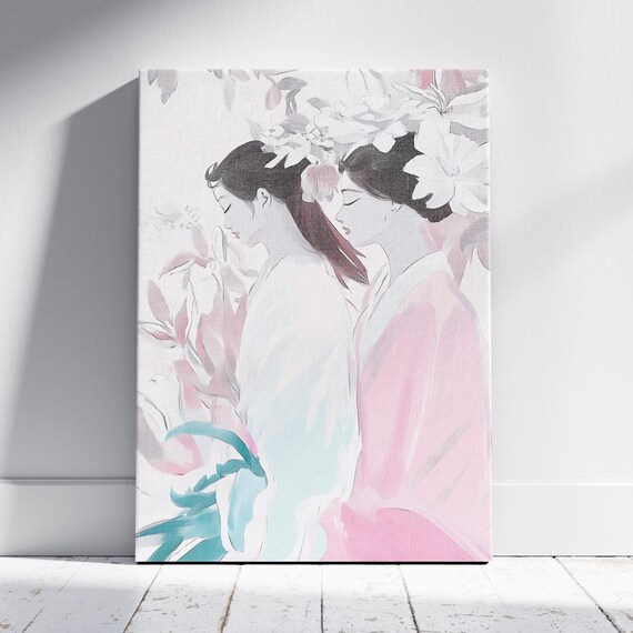Two Geisha Women in Soft Watercolor Pink Floral Portrait Art Poster Print