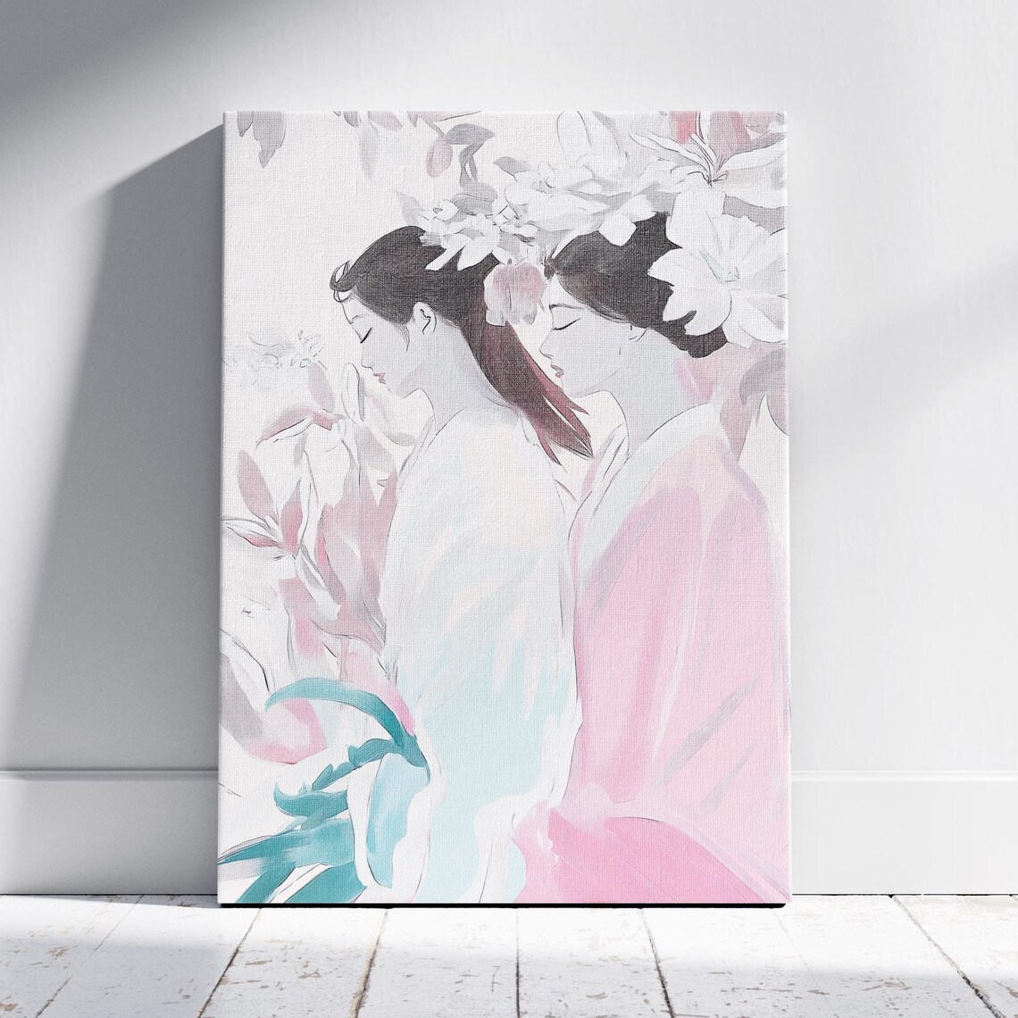 Two Geisha Women in Soft Watercolor Pink Floral Portrait Art Poster Print