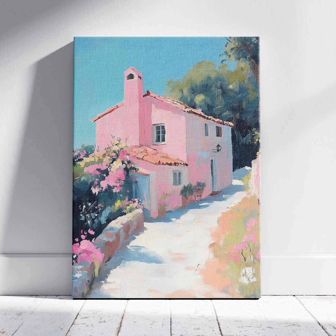 Pink Mediterranean Cottage Impressionist Pastel Village Print