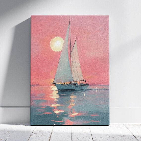 Sailboat Gliding on a Pink Sunset Sea Nautical Coastal Wall Art Poster