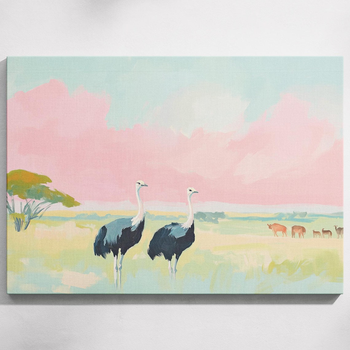 Savannah Ostrich Soft Pastel Painting Ostrich Nursery Art Pink Animal Painting Ostrich Pastel Watercolor Ostrich Savannah Art Print