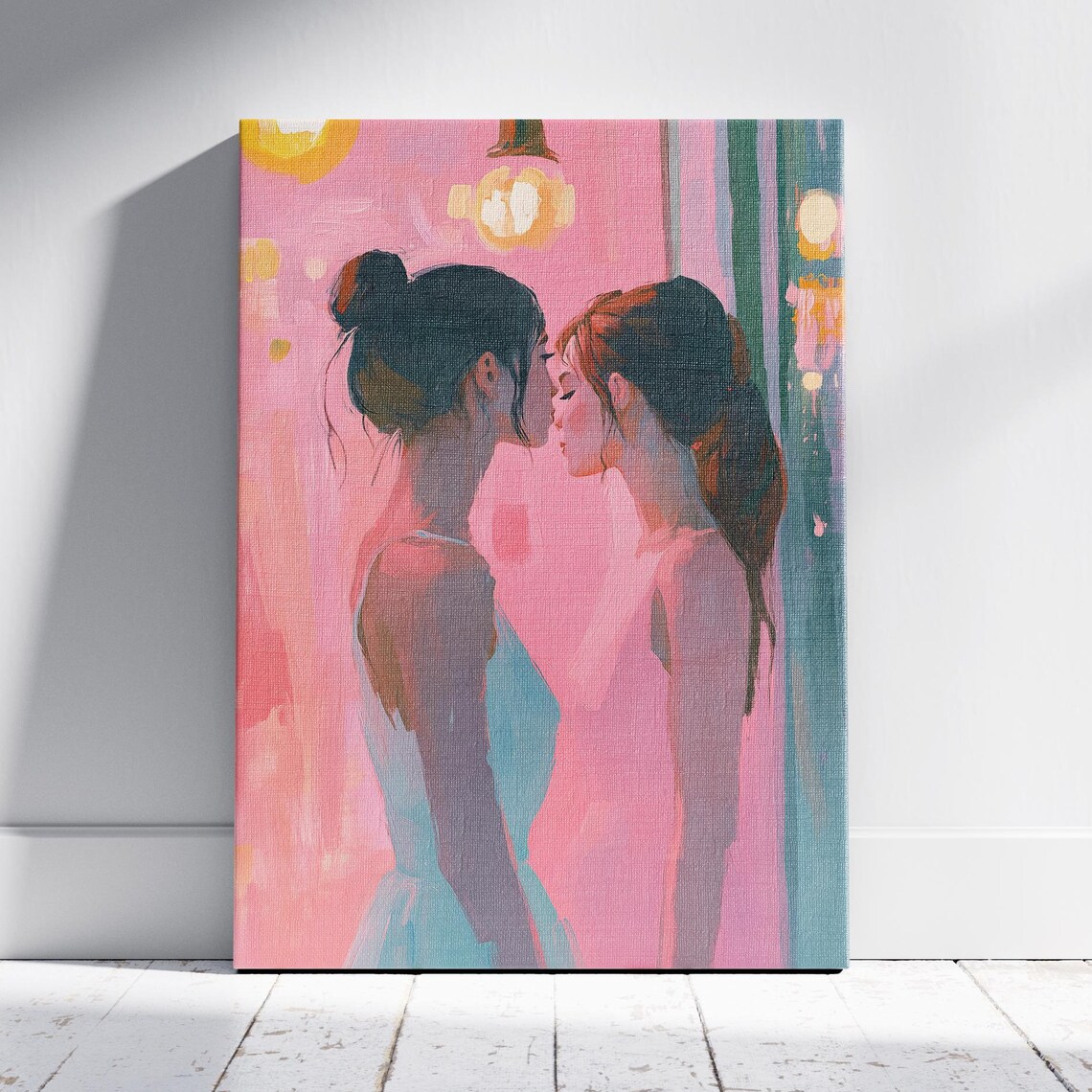 Two Women Kissing Pink Cafe Lights Romantic Pastel Art Print