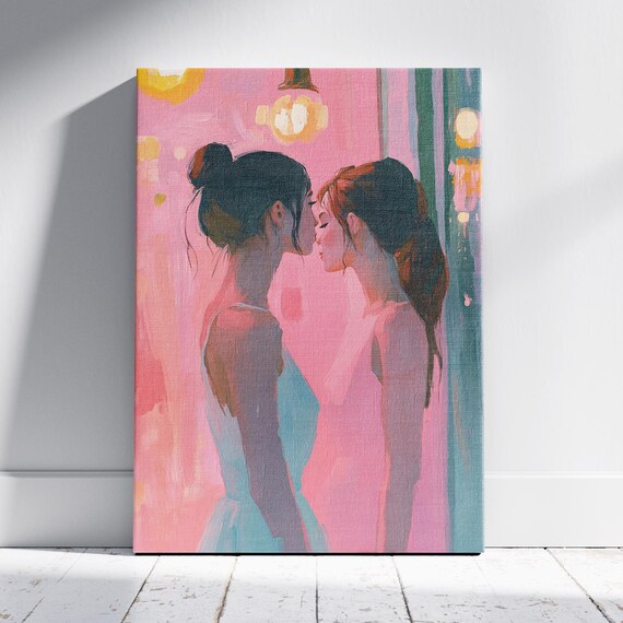 Two Women Kissing Pink Cafe Lights Romantic Pastel Art Print