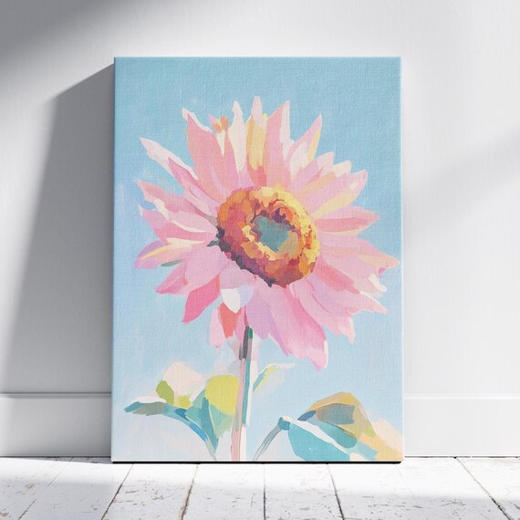 Pink Sunflower Against Blue Sky Modern Floral Oil Wall Art Print