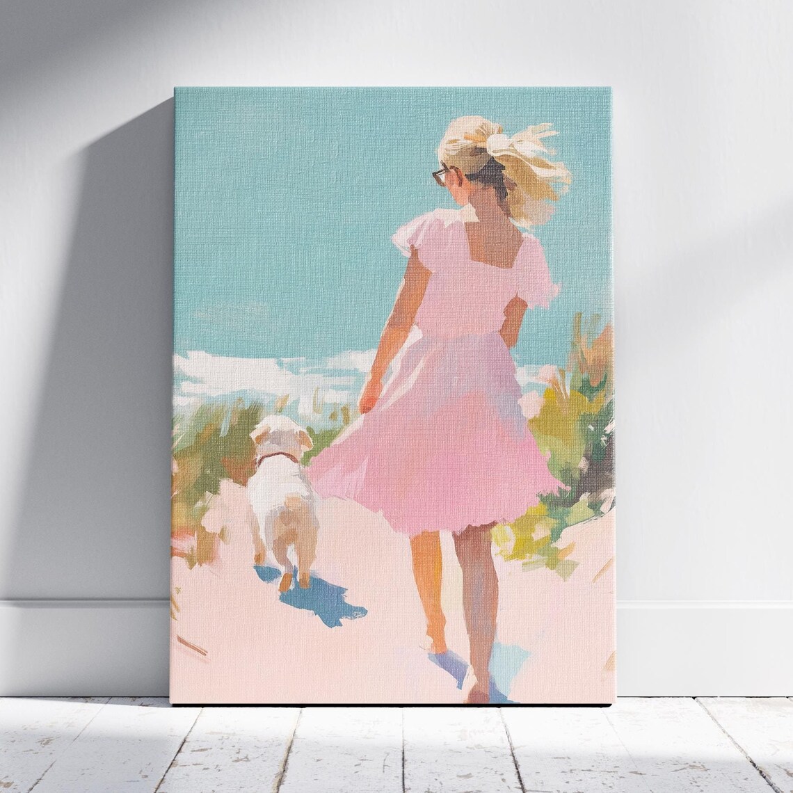 Blonde Girl In Pink Dress Walking White Dog On Pink Beach Poster