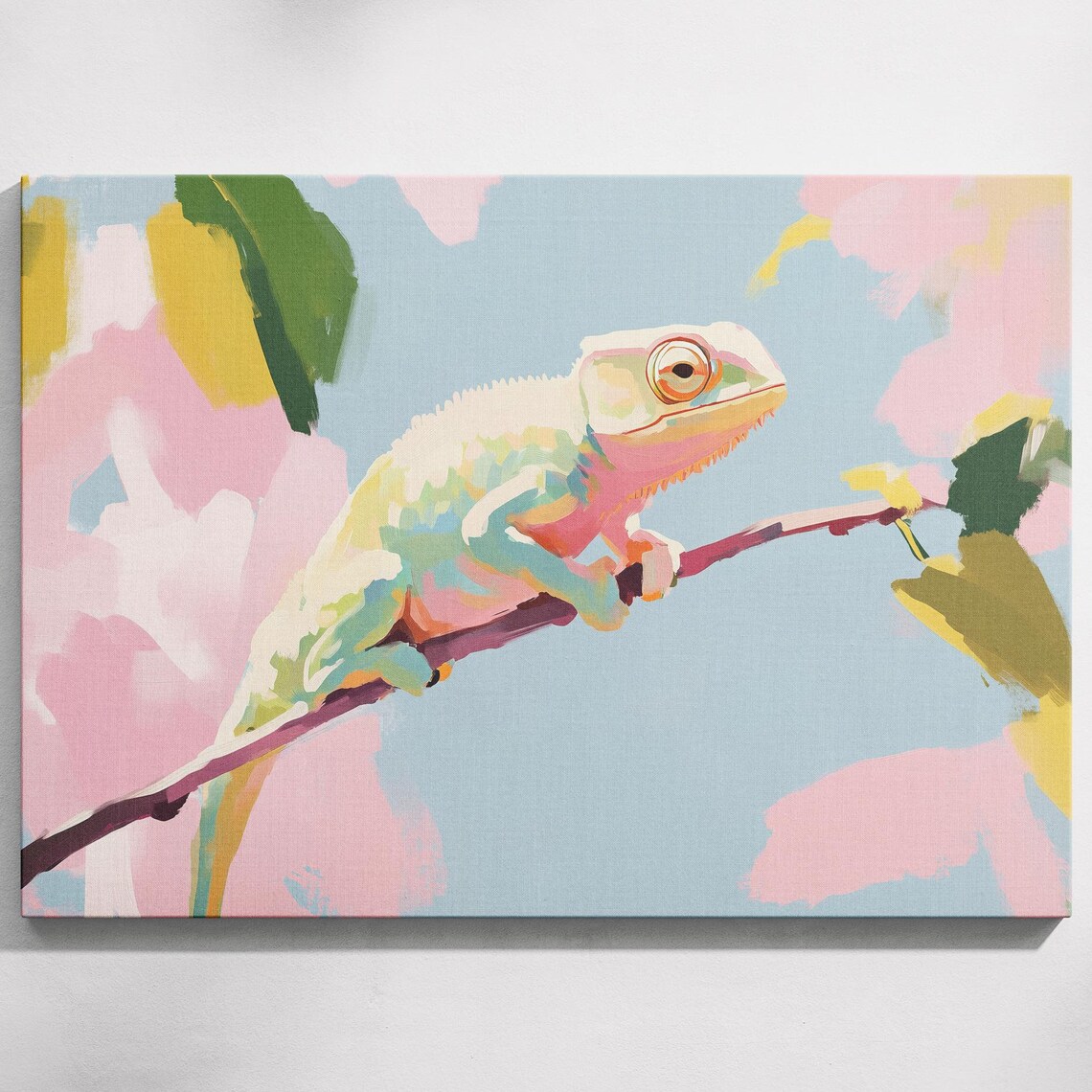 Pastel Chameleon On Branch Colorful Reptile Nature Art Wall Print