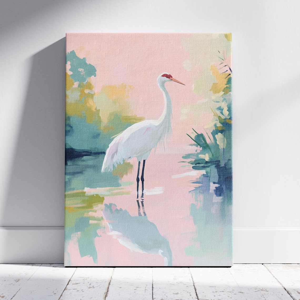 Red Crowned Crane White Bird Pink Marsh Water Impressionist Poster