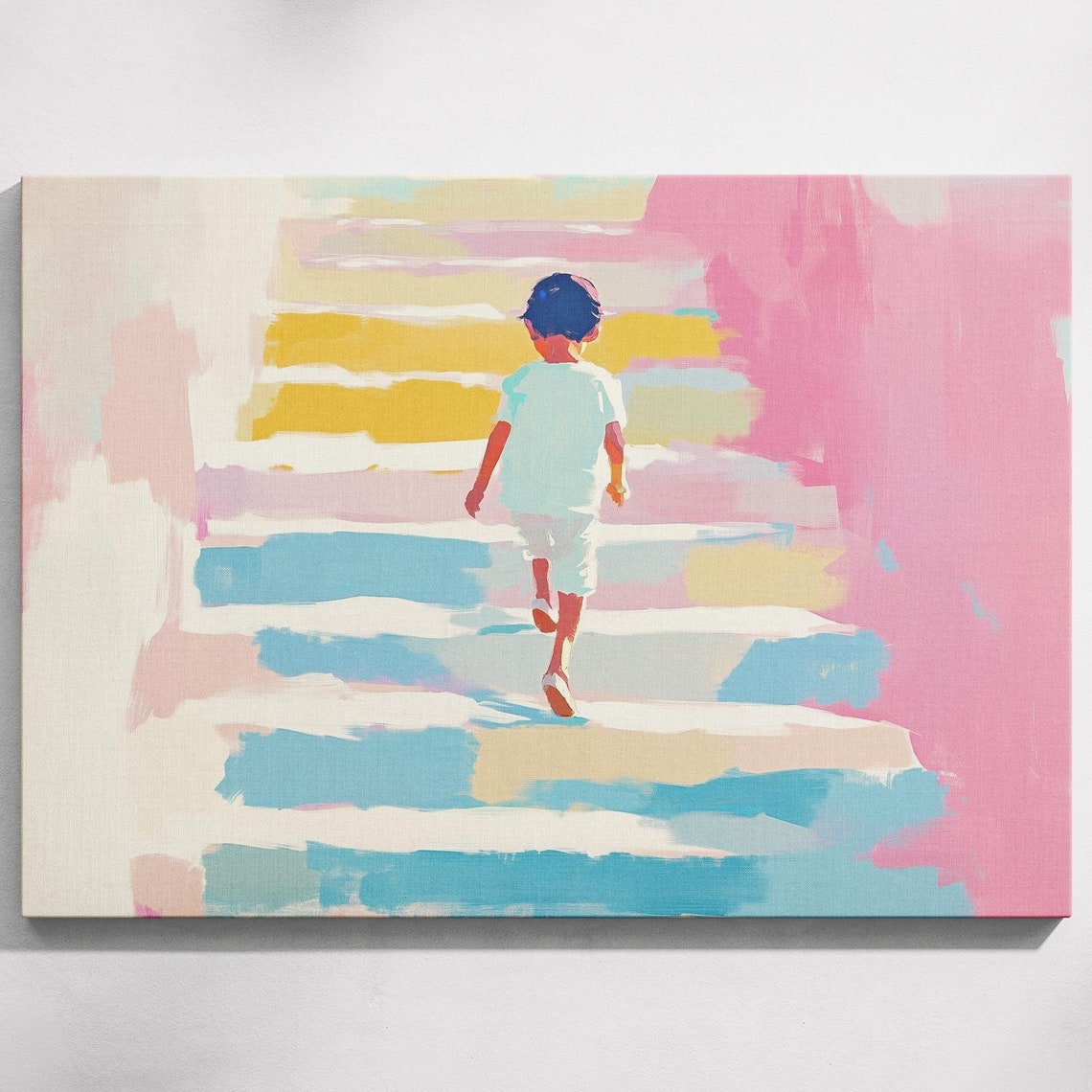 Adorable Child Ascending Stairs Painting Cute Child Painting Dreamy Watercolor Heartwarming Decor Joyful Art Print Child On Stairs Art
