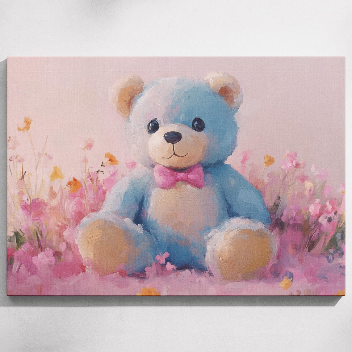 Blue Plush Teddy Bear Pink Bow Tie Wildflower Field Nursery Kids Wall Art