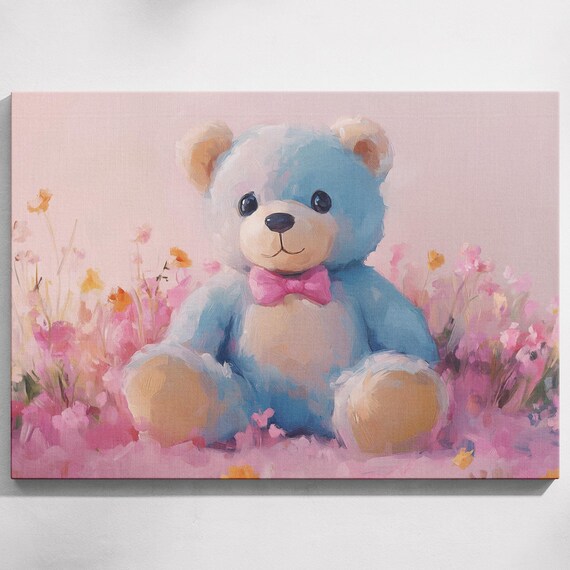 Blue Plush Teddy Bear Pink Bow Tie Wildflower Field Nursery Kids Wall Art