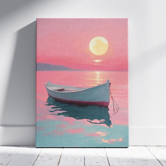 White Rowboat on a Pink Sunset Sea Peaceful Ocean Wall Art Poster Print