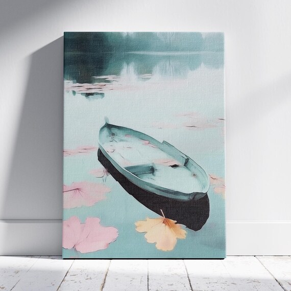 Empty Wooden Boat Floating Among Pink Lotus Leaves Misty Lake Art Poster