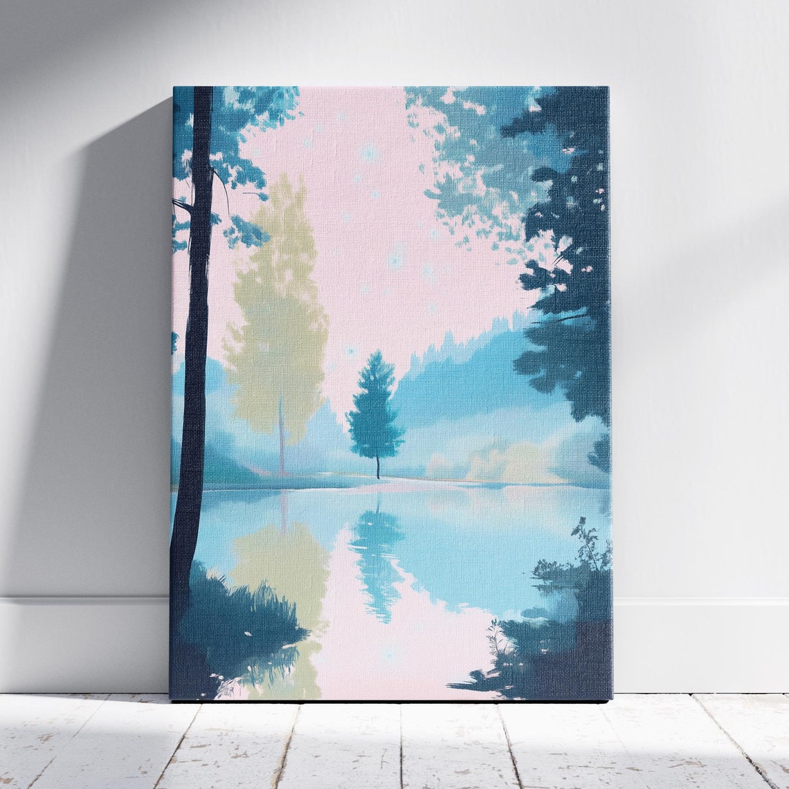 Misty Blue Forest Lake at Dawn Pastel Nature Landscape Wall Art Poster