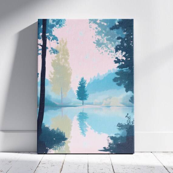 Misty Blue Forest Lake at Dawn Pastel Nature Landscape Wall Art Poster